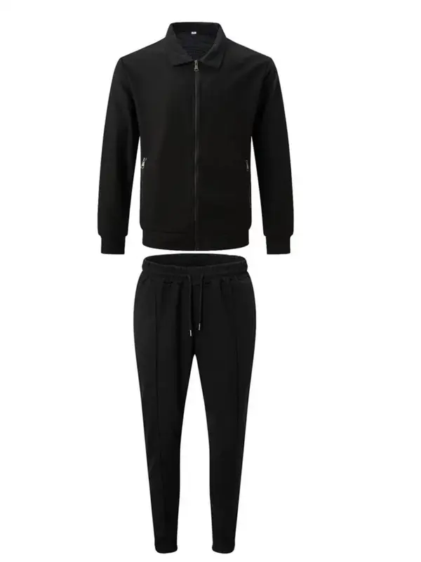 Men's Solid Zip Up Jacket & Drawstring Waist Pants Two-piece Set, Men's Two-piece Outfits for All Seasons 7