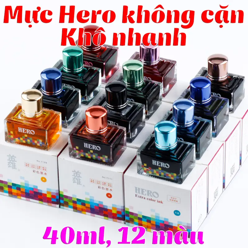 Mực hero không cặn khô nhanh 40ml 12 màu tươi sáng 0