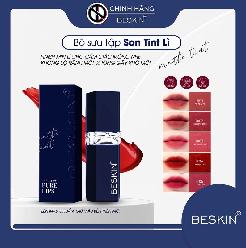 Son tint lì BESKIN "Matte Tint Beskin" - Ưu Điểm: Chống Dính, Dưỡng Ẩm Môi, Lâu Trôi, Không Làm Khô Môi - Trọng Lượng: 4g - Thương Hiệu: Beskin