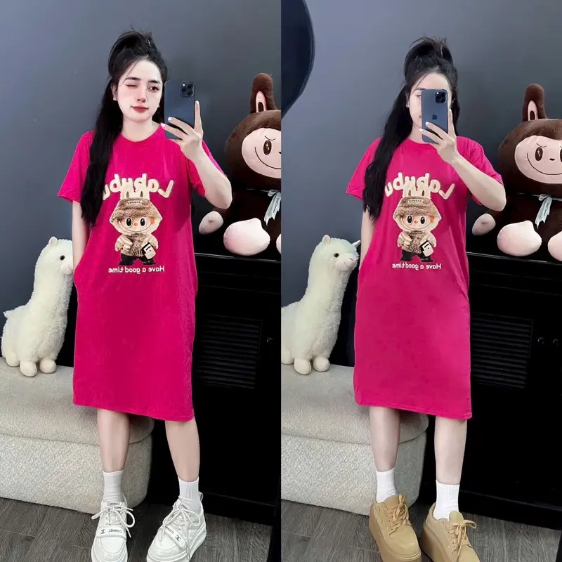 Váy thun suông cổ tròn tay ngắn dáng xoè in labubu freesize- Tyan Dress 3