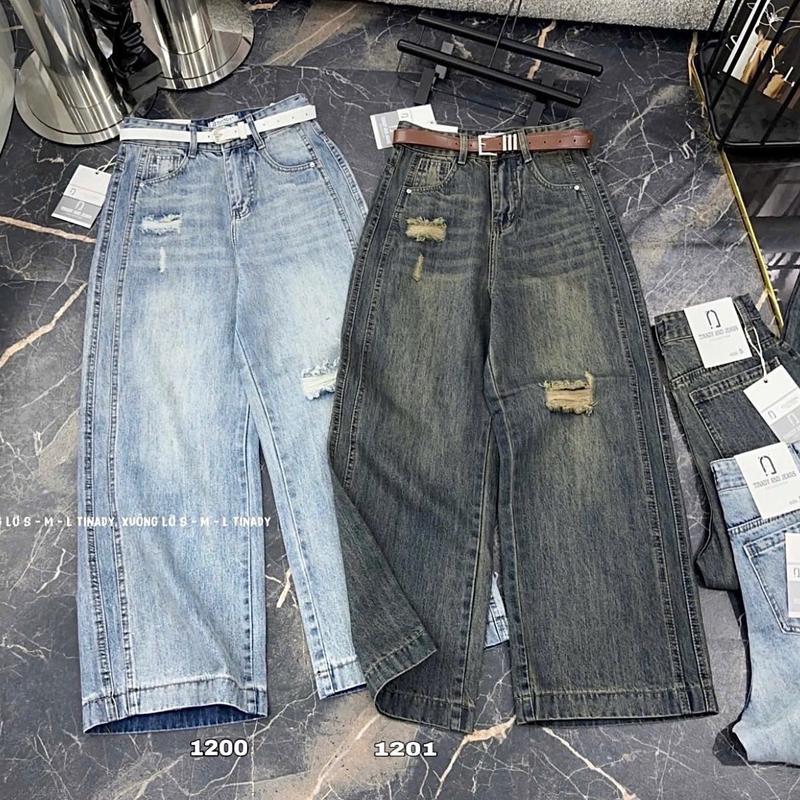 [| S007|]- Quần jean suông nữ dáng 9 tấc , ngang ống 26cm [ Suông rách kiểu sọc Viền  Sườn] dài 93 cm, chất jean mềm , không co giãn , tôn dáng Baggy Pants