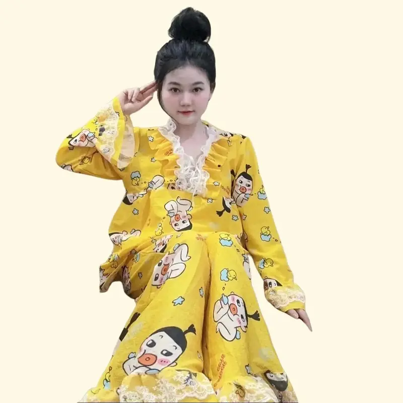 Đồ bộ hoạt hình tiểu thư đũi xốp phối ren Women Nữ Top 2
