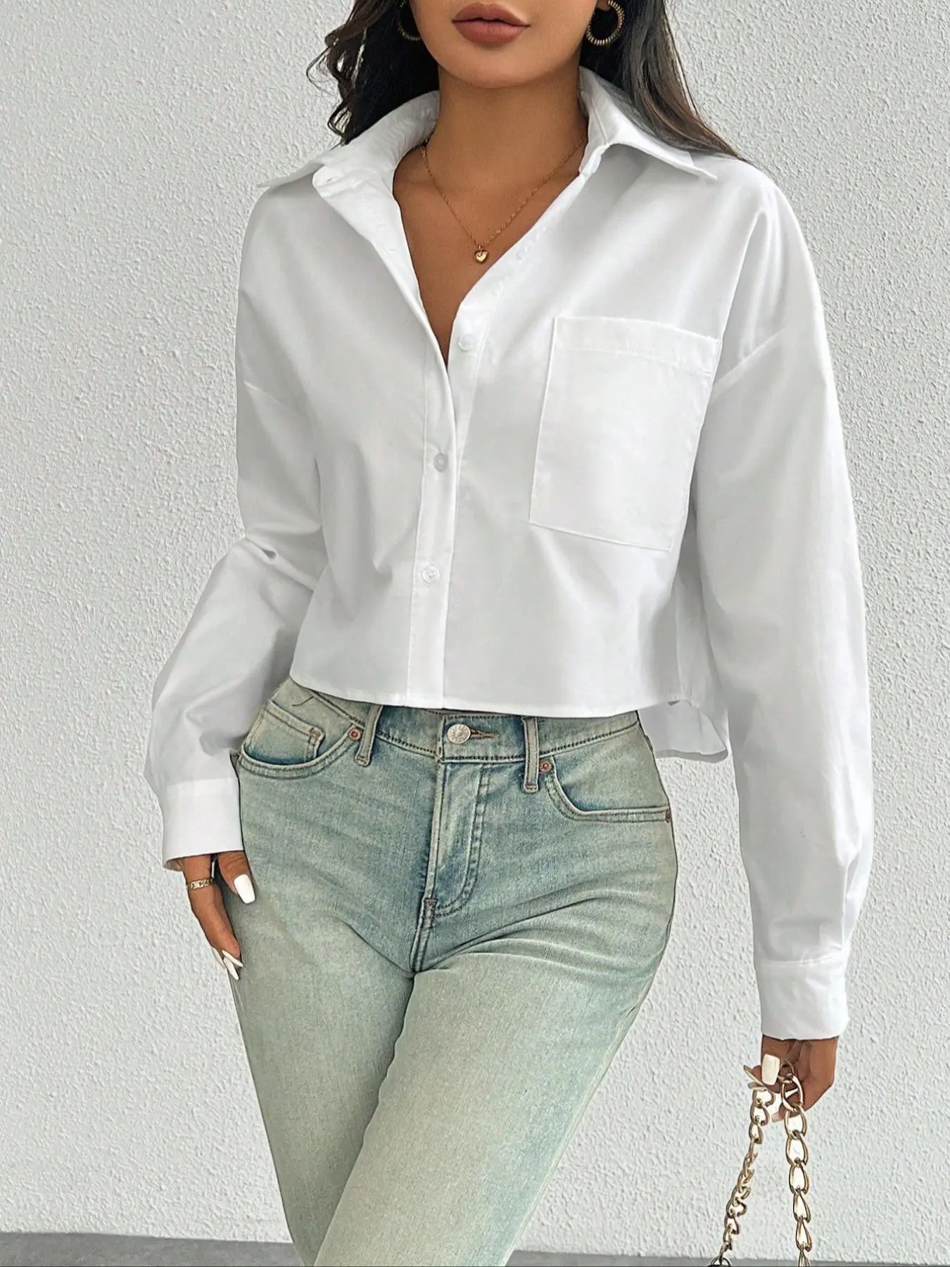 Women's Plain Button Front Drop Shoulder Shirt, Casual Long Sleeve Collared Top for Spring & Fall, Women's Clothes for Daily Wear