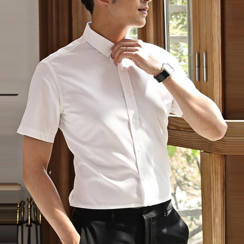 Áo Sơ mi Tay Ngắn Trơn form slimfit Công sở Thanh Lịch, lụa chéo cao cấp mát mẻ chống nhăn, mềm mịn không rút Menswear Nam Shirt đi làm văn phòng thường ● [tay ngắn] trắng tinh khiết sang trọng