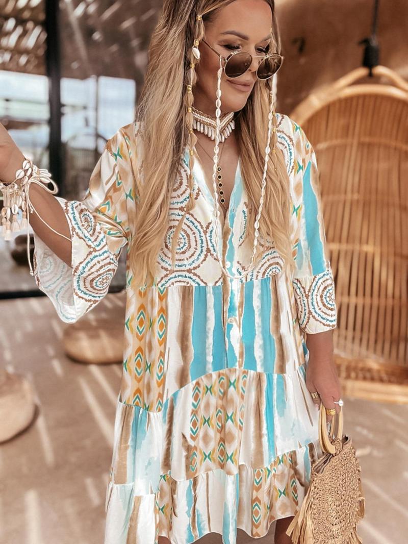 Product Introduction of Women's Floral Print Button Front Dress, Boho 3/4 Sleeve Short Dress for Summer, Ladies Clothes for Beach Holiday Vacation, Holiday Dresses 7