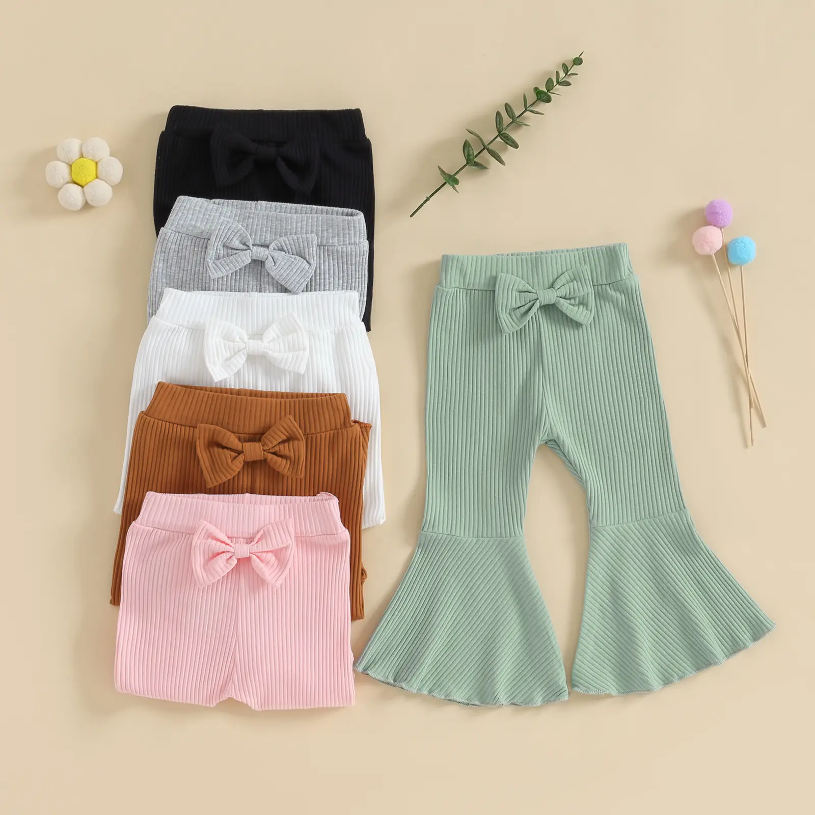 Kids Girl Flare Pants Solid Color Ribbed Elastic Bell Bottoms Trousers Bow Ruffle Pants for Toddler Baby