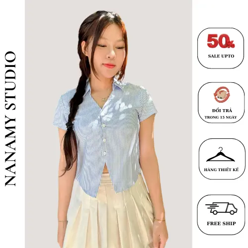 Áo sơ mi ngắn tay nữ thiết kế kẻ sọc, chất liệu mềm mịn,ít nhăn,thoáng mát NANAMY trendy SMX32 Women Top 0