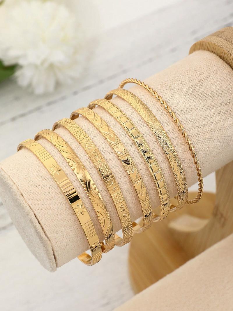 Product Introduction of 7pcs/Set European And American Style Bangle Set With Hammered, Arrow, Floral, Exaggerated Hexagram Design, Twist Open Bracelets Jewelry Gifts 8