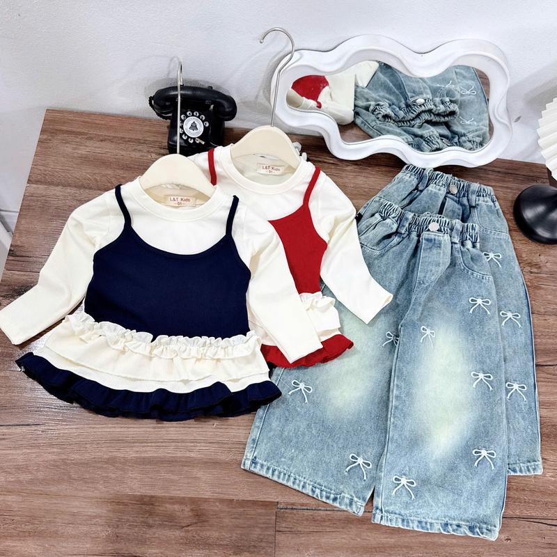  BK61 - Set bộ áo dài tay áo bèo mix quần jean 2 màu Đỏ - Đen có đủ sz cho bé 8 - 30kg 