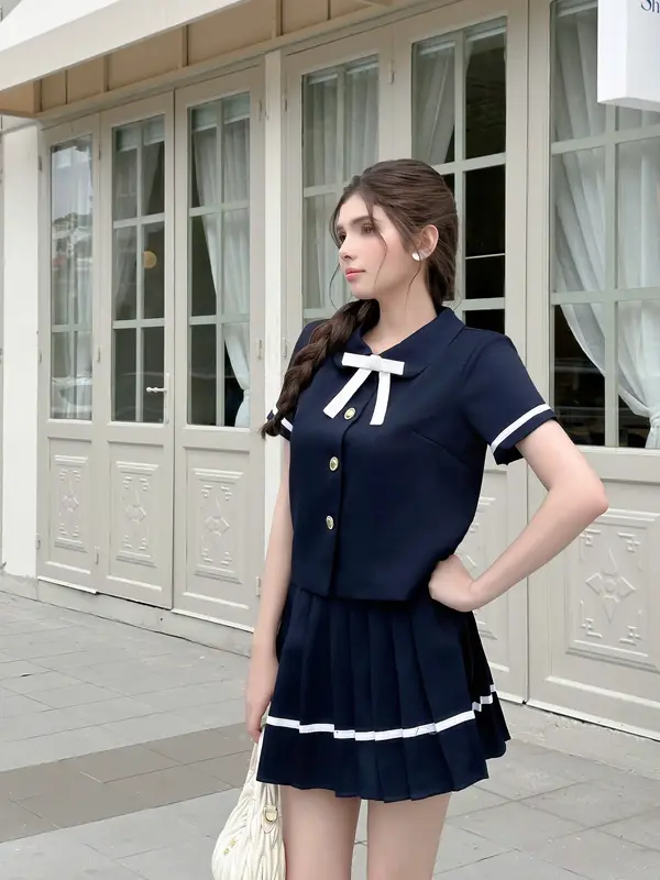 Set Váy Dạ Tex Cổ Sen Phối Nơ Xinh Mix Chân Váy Xếp Li Sang Chảnh, Tiểu thư, Fiona Set- SET14 [LALA DESIGN], [S-XXL] Nữ Women 6