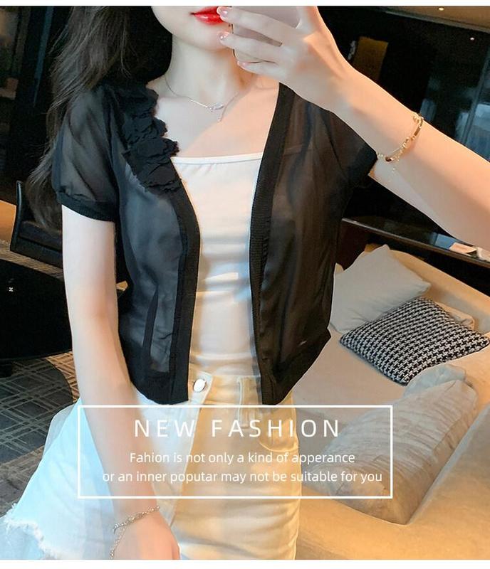 Product Introduction of Women Short Sleeve Cardigan Elegant Chiffon Shrugs Shawl Lady Lightweight Coat Korean Plain 3D Floral Short Sleeve Short Sun-protective Shawl 6