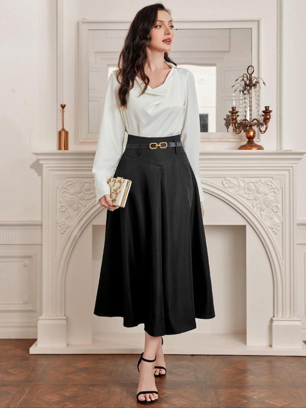 TikTok Shop Women s Elegant Plicated Flared Skirt With Belt Solid Girls Skirt High Waist Midi Skirt for Work Office Business Wear Ladies Spring Fall Clothes