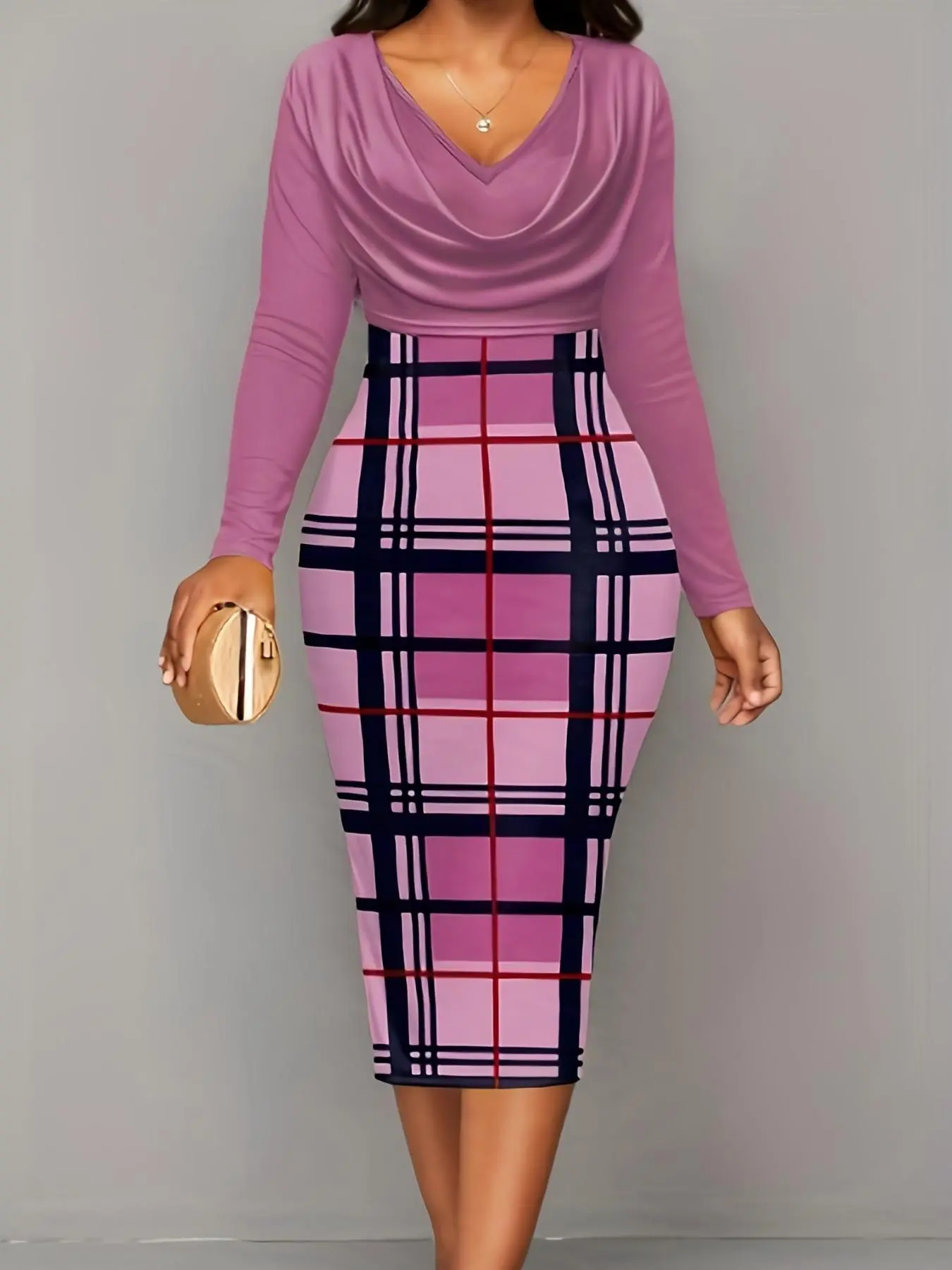Women's Plaid Print Draped Long Sleeve Bodycon Dress, Casual Comfort Elegant Soft Cowl Neck Midi Dress for Spring & Fall, Womenswear, Comfortable Mean Girls Outfit