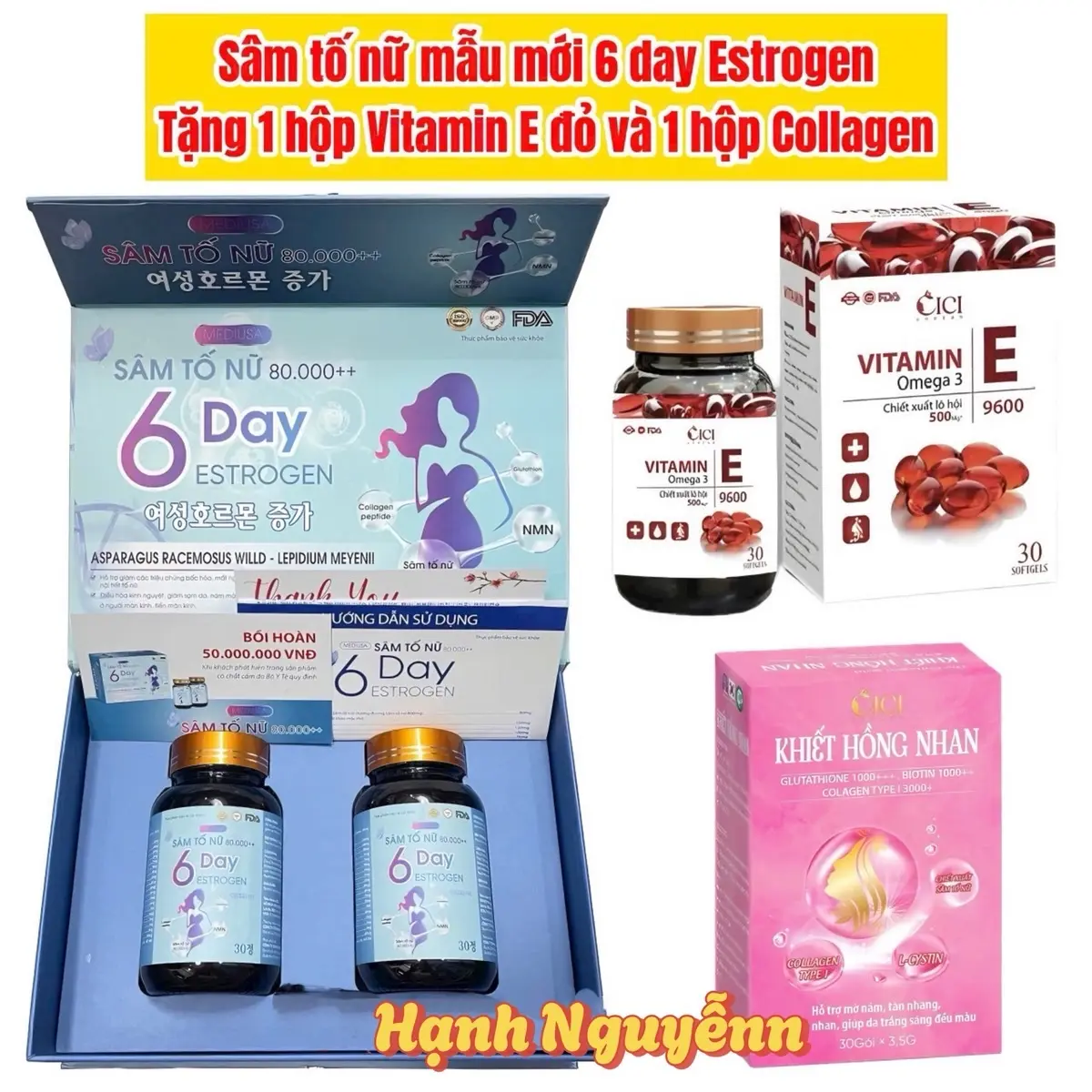 [ Tặng Vitamin E đỏ và collagen] -Viên uống sâm tố nữa mẫu mới Estrogen 6 day ( hộp 2 lọ, tổng 60 viên)_ Hỗ trợ cải thiện nội tiết tố nữ