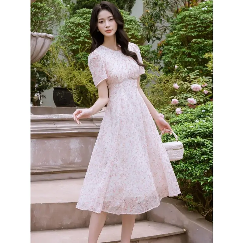 Đầm Váy Hoa Nhí Công Sở LENDO V240333 Dáng Dài Xòe A Tay Bồng Ngắn Cổ Tròn Dúm Ngực Nữ Women 3
