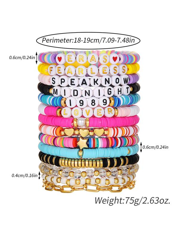 14pcs/set Women's Fashion Colorful Beaded Bracelet & Faux Pearl Decorated Link Bracelet, Heart & Letter Charm Jewelry for Party, Daily Clothing Decor for Girl 1