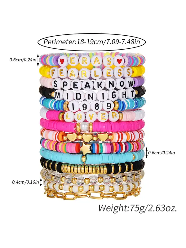 14pcs/set Women's Fashion Colorful Beaded Bracelet & Faux Pearl Decorated Link Bracelet, Heart & Letter Charm Jewelry for Party, Daily Clothing Decor for Girl 1
