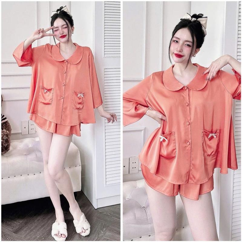 Đồ Ngủ Pijama Lụa HEUN YOUNG Bộ Đồ Pijama Áo Cổ Sen Tay Lửng Quần Đùi Lụa Latin Mềm Mịn Freesize 45-65kg Women Nữ Kem 7