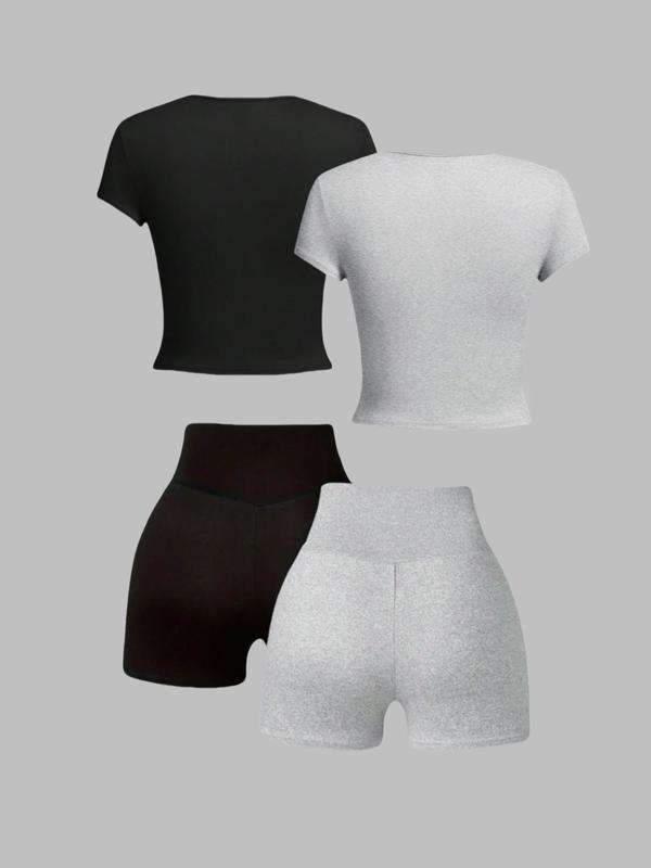 Women's Solid Short Sleeve Tee & Skinny Shorts Set, Casual Round Neck T-shirt & Shorts, Ladies Summer Clothes, Womenswear 1