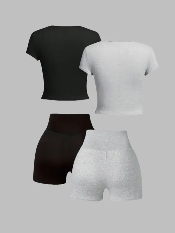 Women's Solid Short Sleeve Tee & Skinny Shorts Set, Casual Round Neck T-shirt & Shorts, Ladies Summer Clothes, Womenswear 1