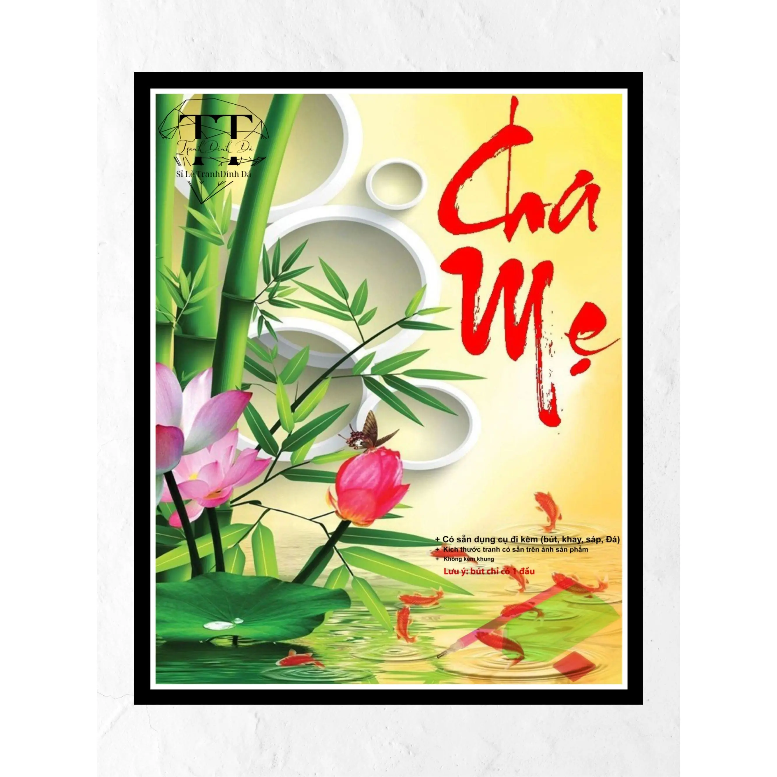 Tranh Đính Đá tự hoàn thành 30x40cm Hình Chữ ChaMẹ - Cá H97 Handmade