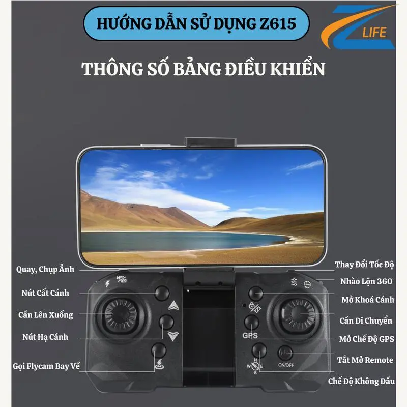 Máy Bay Flycam Z615 Drone Hiệu Zlife, Camera Full HD Quay Phim Chụp Ảnh, Định Vị Vệ Tinh GPS 5G, Động Cơ Không Chổi Than, Thời Gian Bay 10 Phút/Pin, Phù Hợp Cho Các Bạn Đang Tập Bay Silicone, Có Đèn Trợ Sáng Bay Ban Đêm 5