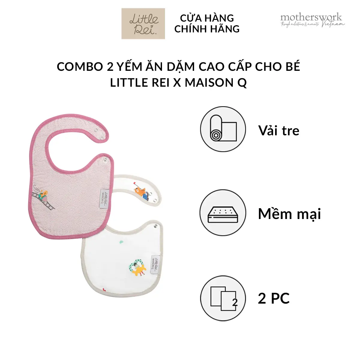 Combo 2 yếm ăn dặm cao cấp cho bé, 100% sợi tre tự nhiên, yếm dãi thấm hút vệ sinh, an toàn và mềm mại cho làn da em bé - LITTLE REI X MAISON Q BIB 2PC