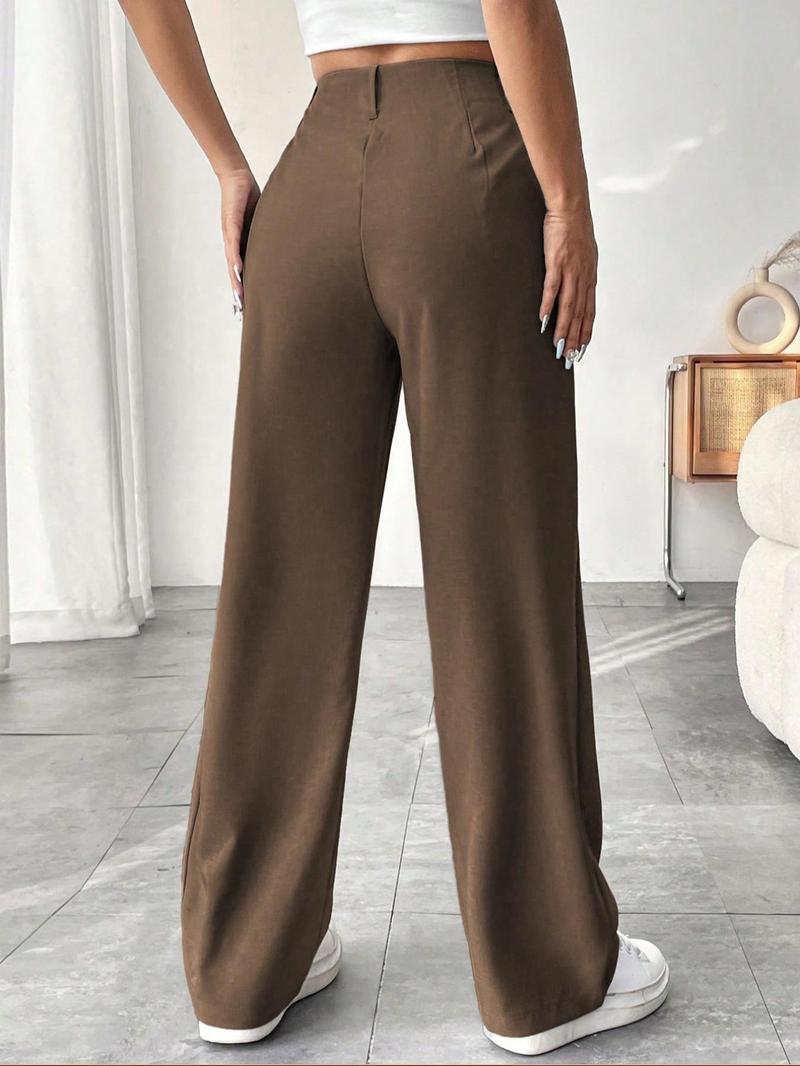 Product Introduction of Women's Solid Plicated Pocket Straight Leg Pants, Casual Comfy Trousers for Daily Wear, Ladies Bottoms for Fall & Winter 2