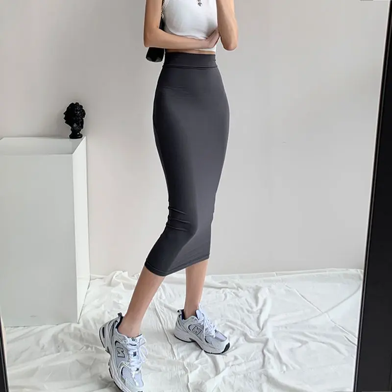 Chân Váy Dệt Kim Mỏng Dài Trung Bình Phong Cách Instagram Châu Âu Và Mỹ Hàng Mới Về Cho Mùa Xuân Và Mùa Hè, Chân Váy Bó Sát Thanh Lịch, Chân Váy Bodycon Co Giãn, Cô Gái Nóng Bỏng Women Khuy Kim Tuyến 1