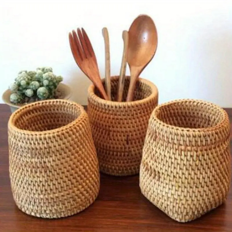 Family Storage Basket Organizer Rattan Chopsticks Tube Shovel Spoon Bucket Dinner Knife Fork Cutlery Storage Box