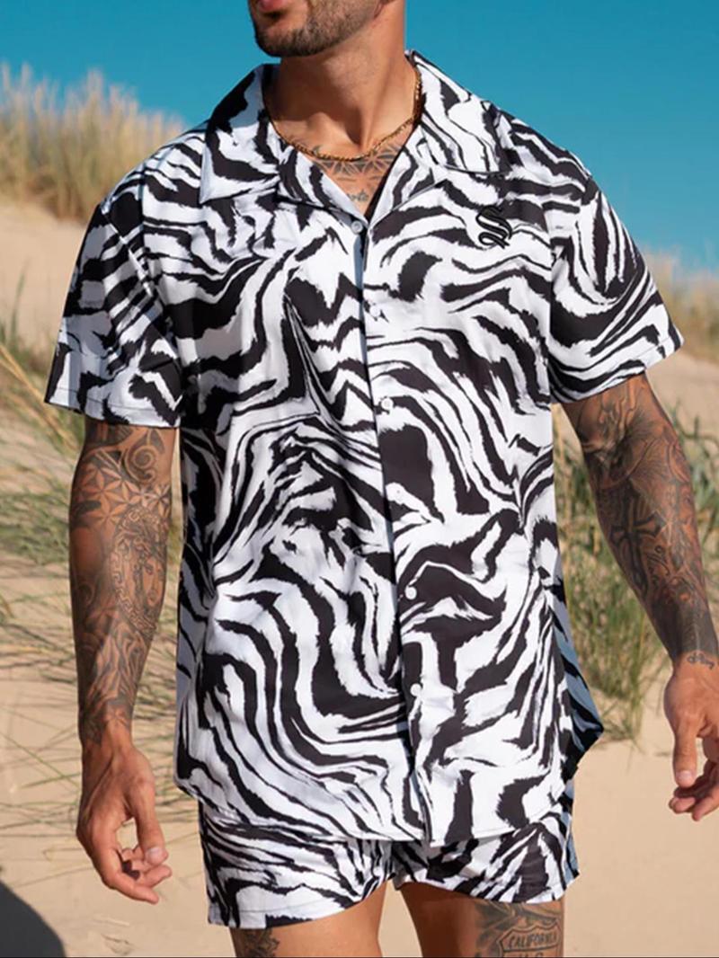 Product Introduction of Men's Colorblock Print Short Sleeve Tee & Shorts Two-Piece Set, Regular Fit Casual Round Neck T-shirt & Shorts, Men's Summer Clothes for Outdoor Wear 7