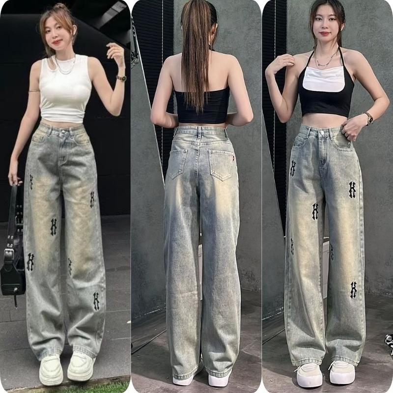 S-XL Quần Jean Suông - Quần Jean Ống Rộng Thêu Chữ H Mặt Trước Màu Xám Bụi Lưng Cao Ôm Eo QC HYDI Jeans FullSize S M L. Nữ Women Ong Pants quần bò quần jean
