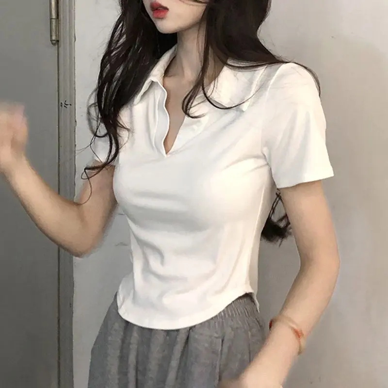 V-neck short sleeved T-shirt for women's summer hot girls, high waisted short top br a Womenswear Blouses