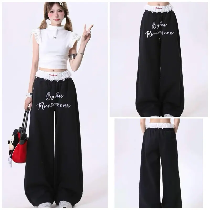 Quần Nỉ Bông Cạp Trắng Phối Ren Chữ Trắng Nữ. Quần Nỉ Suông 2 size phong cách Hàn quốc Women Pants Voan