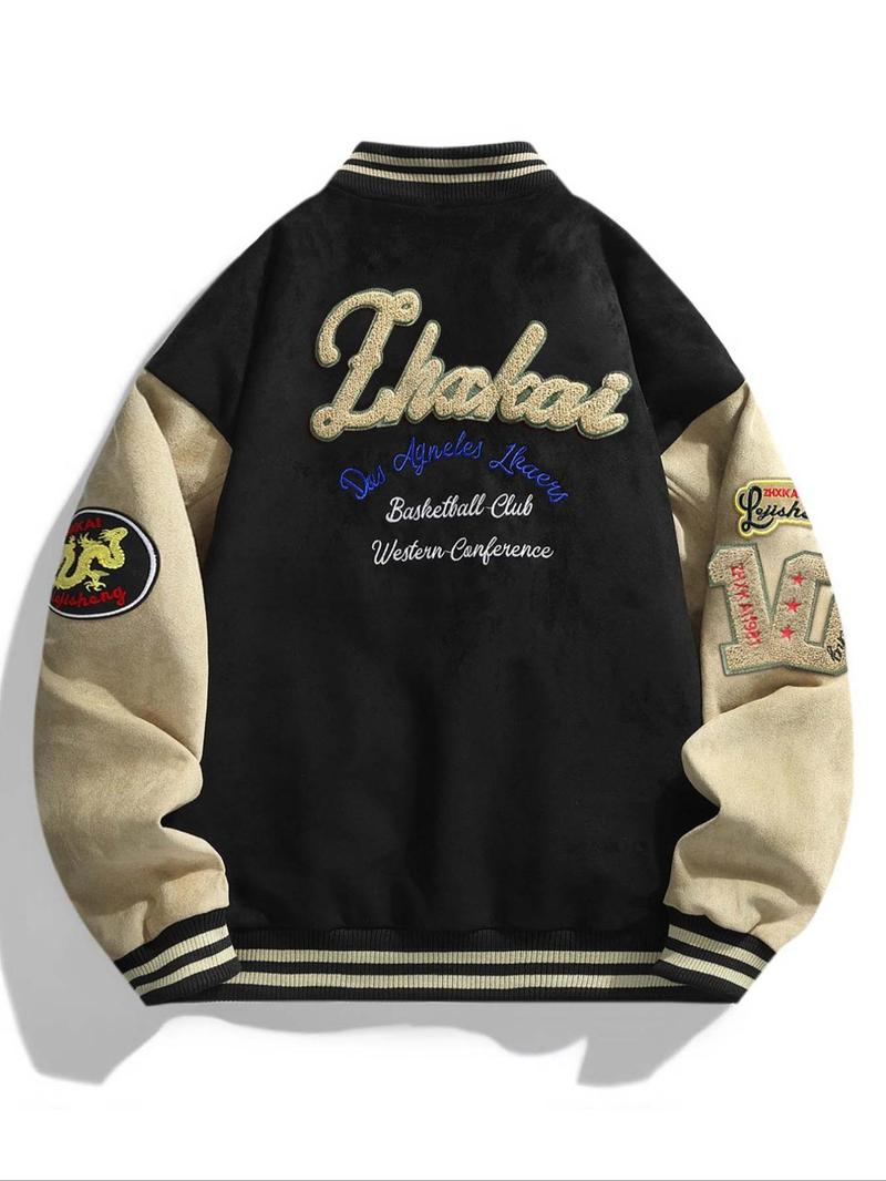 Product Introduction of Men's Letter Embroidery Pocket Baseball Jacket, Casual Drop Shoulder Long Sleeve Button Front Outerwear for Fall & Winter, Men's Clothes for Daily Wear 2