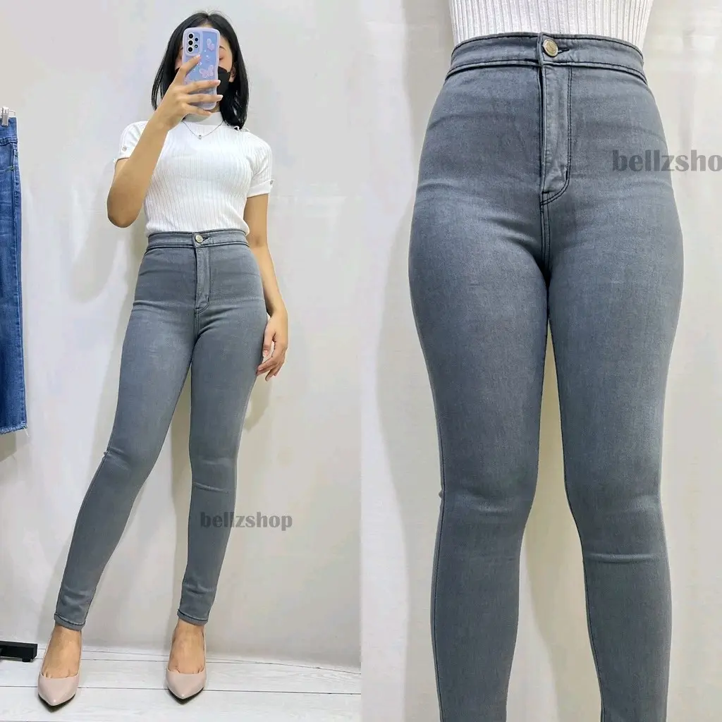 chloee celana higwaist wanita jeans light grey korea jumbo Mzahwanstore 27 sd 38 Panjang Pensil Slim Dark Soft Putih Denim