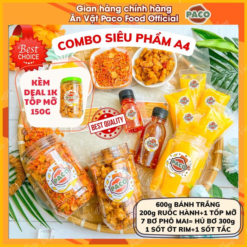 [KÈM DEAL TỐP MỠ 1K] COMBO A4 600g BÁNH TRÁNG PHƠI SƯƠNG KÈM HỦ BƠ PHÔ MAI 300g PACO FOOD 1 HỦ TỐP MỠ 1 HỦ RUỐC HÀNH PHI 1 CHAI SỐT TẮC 1 CHAI ỚT RIM-ĐỒ ĂN VẶT SNACKS Tự nhiên