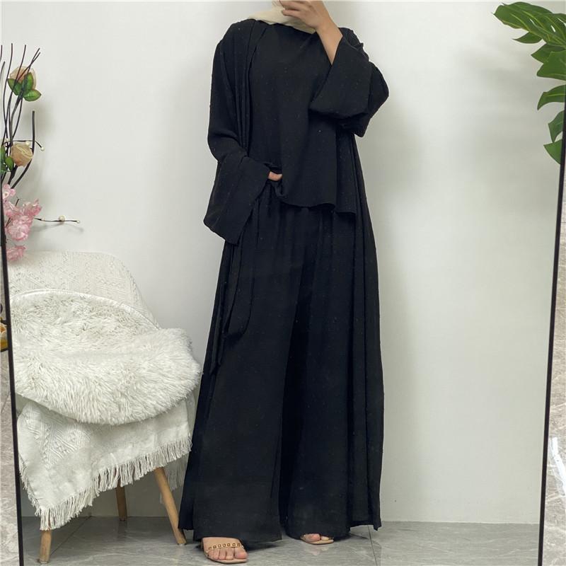 Product Introduction of Robe Three-Piece Set Long Cardigan Sleeveless Top and Pants with Pockets Muslim Islamic Clothing 1958 8