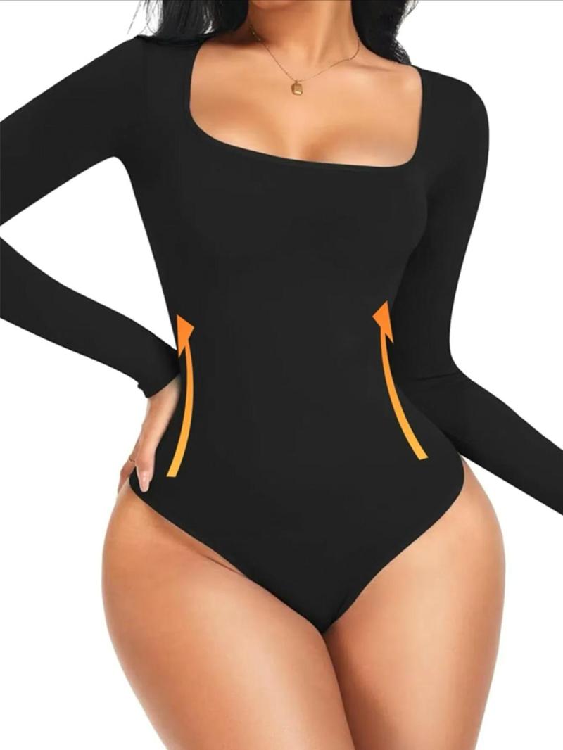 Product Introduction of Women's Solid Square Neck Long Sleeve Shapewear Bodysuit, Casual Comfy Button Closure Crotch Tummy Control Butt Lift Shaper, Ladies Shapewear for Daily Wear 9