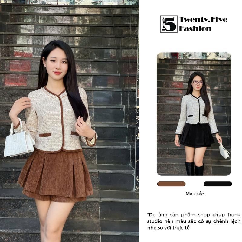 Twentyfive AH92-CH53 Set Áo Khoác Dạ Tweed Nữ Cúc Cách Điệu Phối Viền Nhung Và Chân Quần Giả Váy Chất Nhung Mịn Cao Cấp7 Sang Chảnh (Có Bán Rời) Women Jacket ,Dress