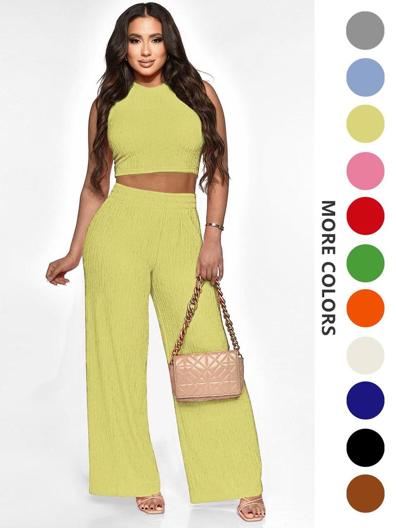 Product Introduction of Two-piece Set Women's Solid Textured Co-ord Set, Casual Round Neck Crop Tank Top & Wide Leg High Waist Pants Set, Ladies Summer Clothes for Daily Wear 8