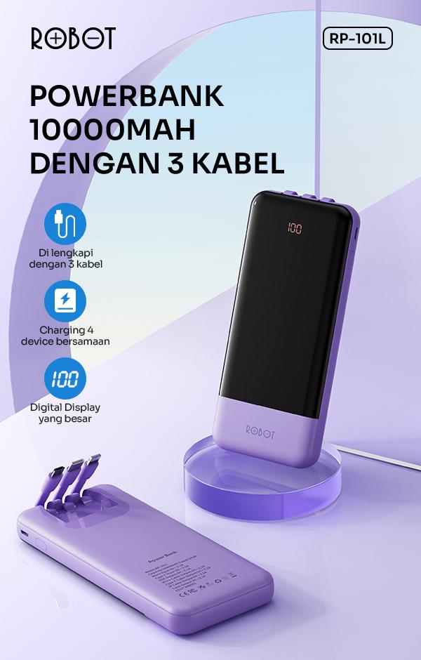 Powerbank ROBOT 10000mAH RP-101L New 2.1A Dengan 3 Kabel  Charger Type C Lightning Micro [BISA COD] Smart Baterai