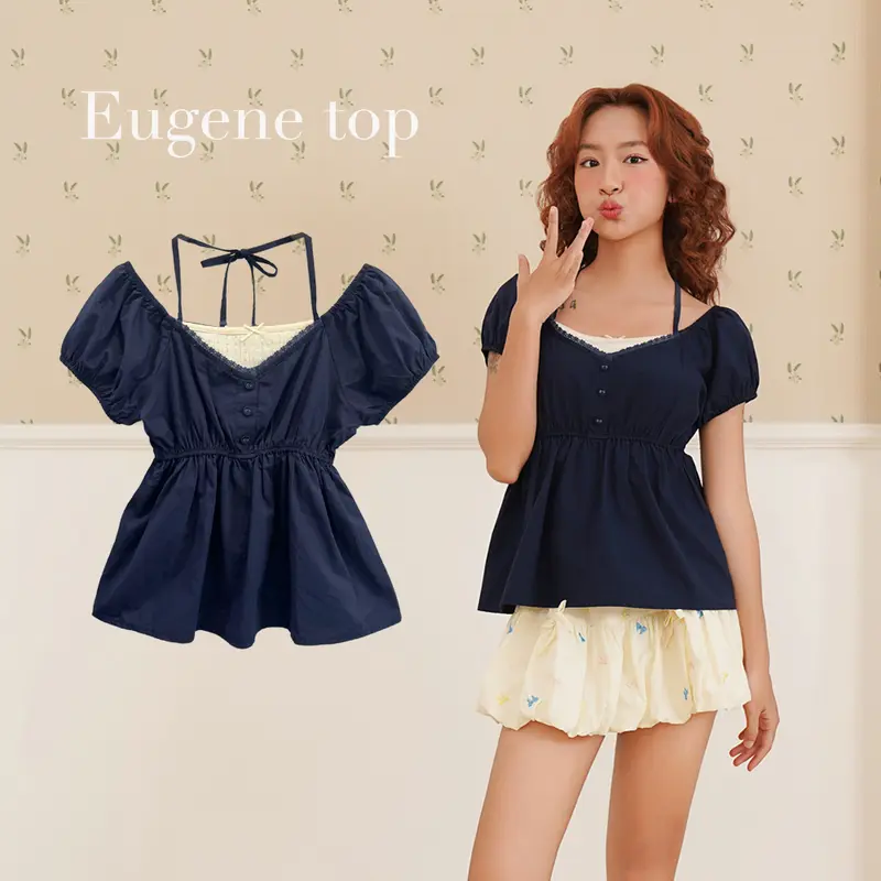 BLEUBIRD Áo nữ vải thô phối thun buộc dây Eugene Top 0