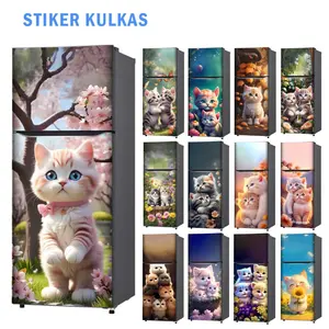 WWS Stiker Kulkas 1 Pintu dan Sticker Kulkas 2 pintu Kucing Lucu mudah dilepas stiker dekoratif