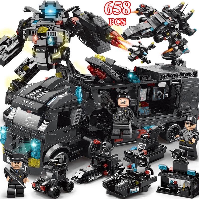 658 chi tiết Bộ đồ chơi lắp ghép xếp hình cảnh sát SWAT oto robot du thuyền trực thăng xe swat và Máy Bay AT 8577 Bộ Lắp Ráp Tháo Lắp Toy