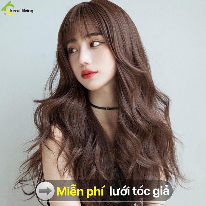 Tóc Giả Nữ Xoăn Sóng Dài 70cm - Mái Ngố Dễ Thương - Tặng Lưới Trùm Đầu - Wig