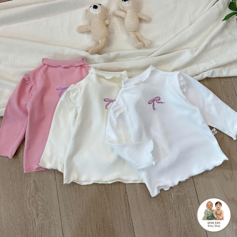 Quần Áo Trẻ Em Áo Giữ Nhiệt Nơ Dài Tay Phiên Bản Trơn Cổ Viền Cho Em Bé Gái Nỉ Bông Zip hàn Tông Màu Siêu Xinh Cotton Thun