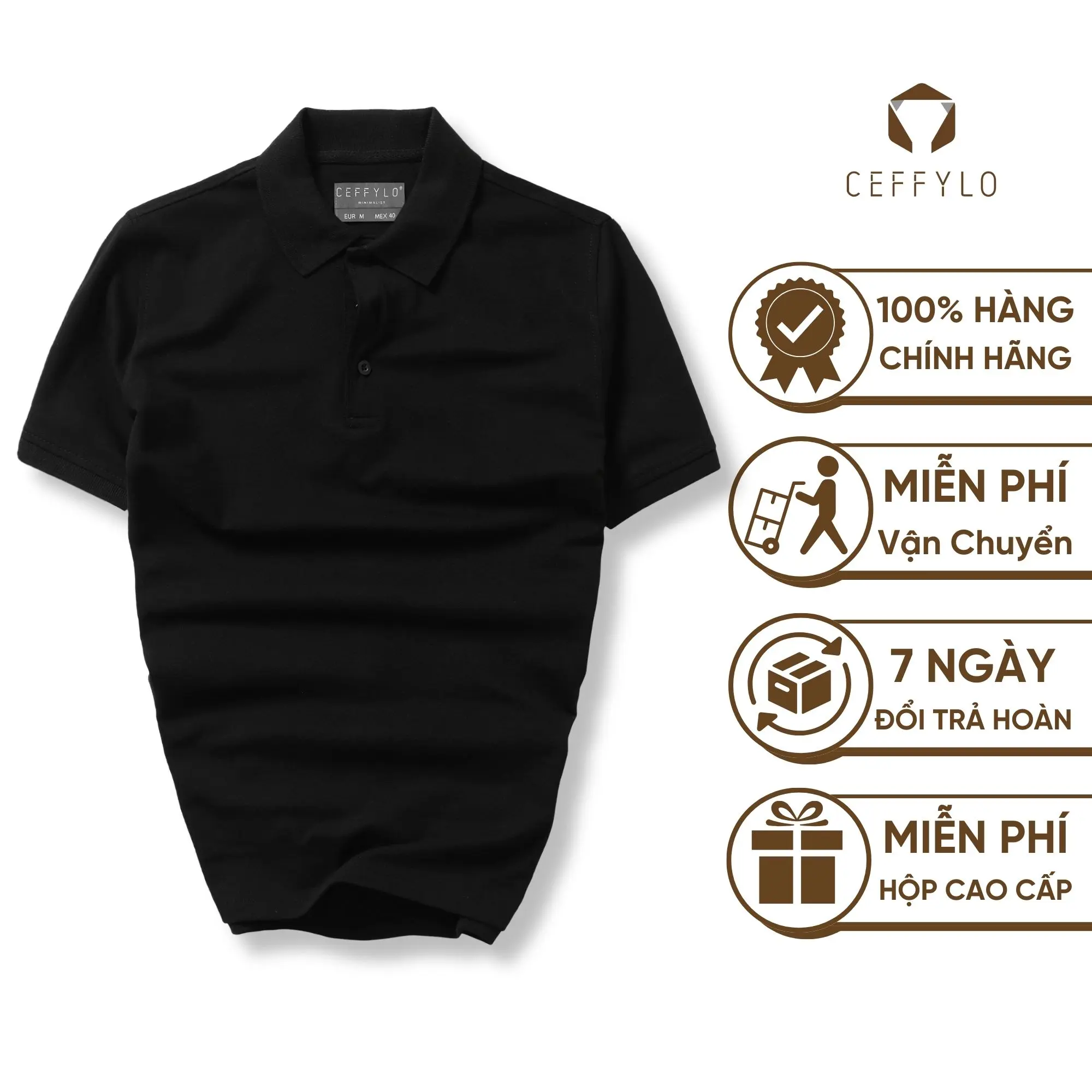 Polo Nam Trơn Ceffylo Màu Đen Chất Cottton Thoáng Mát Mềm Mịn Co Giãn Thấm Hút Mồ Hôi Form Slimfit Thời Trang Nam