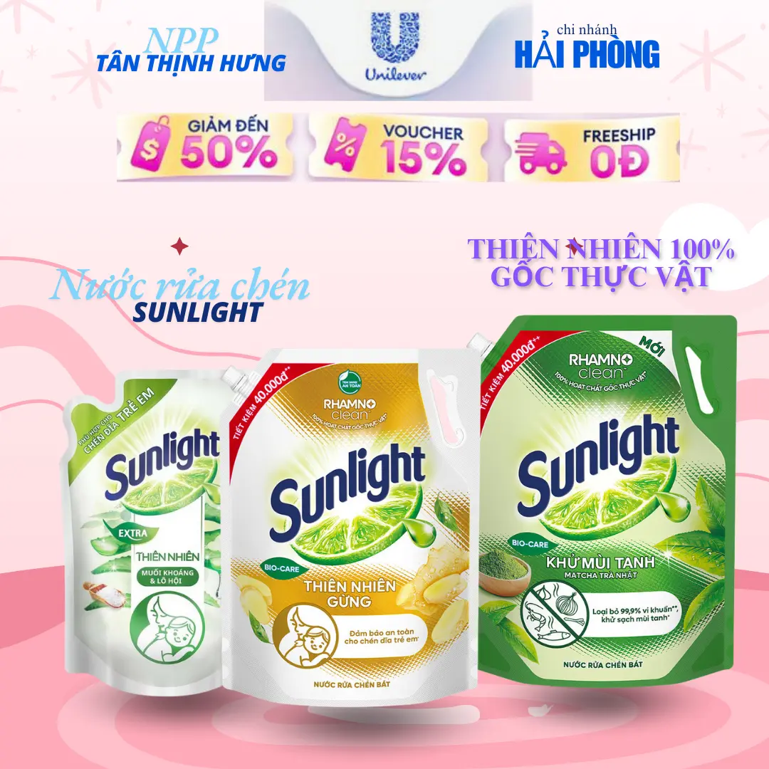 Nước rửa chén Sunlight Thiên Nhiên 100% Gốc thực vật nhiều mùi hương Lô Hội/Gừng/Trà Xanh Túi 3,3kg