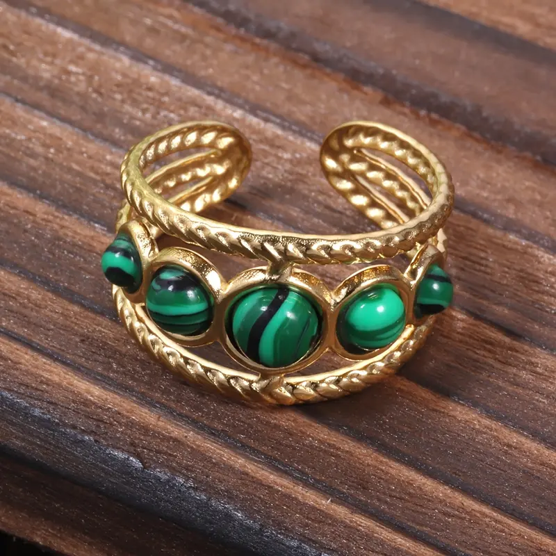 One Women Bohemian Simple Wide Face Geometric Inlaid Green Stone Open 304 Stainless Steel Ring Wide Face Hollow Design Suitable for Daily Prom Banquet Music Festival Holiday Jewelry Accessories Gifts 5